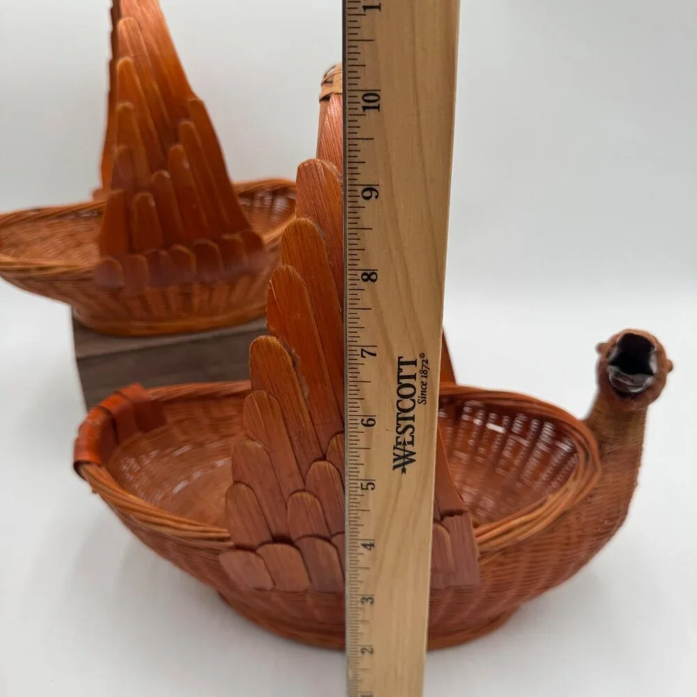 Goose or Swan Duck Nesting Baskets 1970s Mid Century Woven Wicker Rattan & Bambo